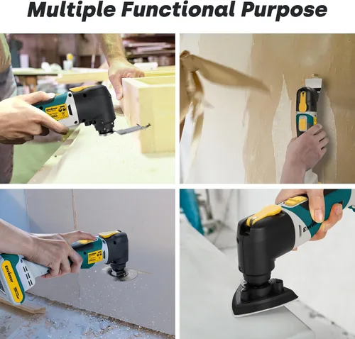 Miniatura 7 de Enventor Multiherramienta oscilante inalámbrica de 20 V, sierra oscilante sin escobillas con 28 accesorios, cargador rápido, 6 velocidades Amarillo