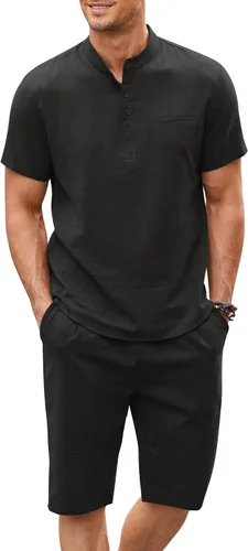 COOFANDY Conjunto de 2 piezas de lino para hombre, camisas y pantalones cortos Henley de manga corta y pantalones cortos de verano para playa y yoga
