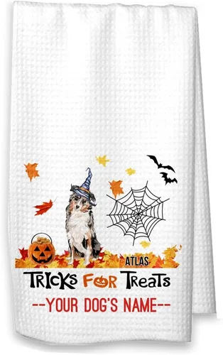 Trucos para golosinas Pastor australiano Halloween Cocina Waffle Toalla, decoración de otoño para mascotas (toalla blanca, australiano con nombre)