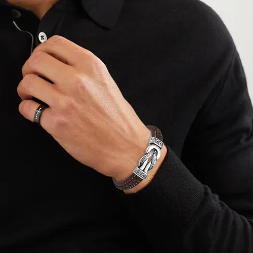 Miniatura 5 de Pulsera de cuero con nudo infinito para hombre, acero inoxidable, negromarrón, cuero genuino, trenzada, pulsera de joyería para hombres, padre