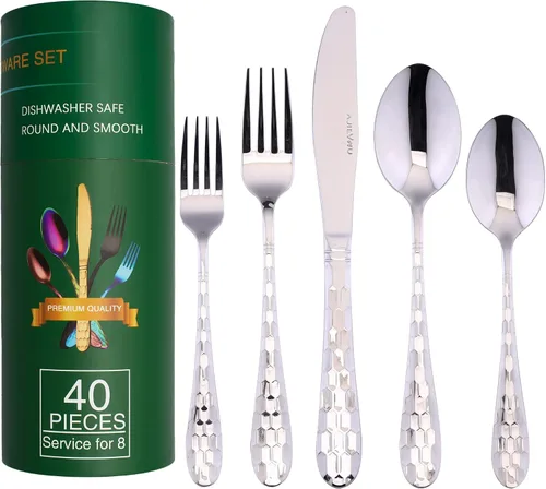 Miniatura 10 de Rainbow - Juego de cubiertos de 40 piezas, utensilios coloridos de acero inoxidable 18/10, juego de cubiertos de servicio para 8, incluye cuchillo