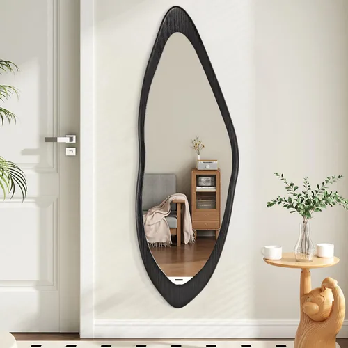 AAZZKANG Espejo de pared irregular de longitud completa, grande con marco de madera, 47 x 16 pulgadas, espejos asimétricos negros de cuerpo completo
