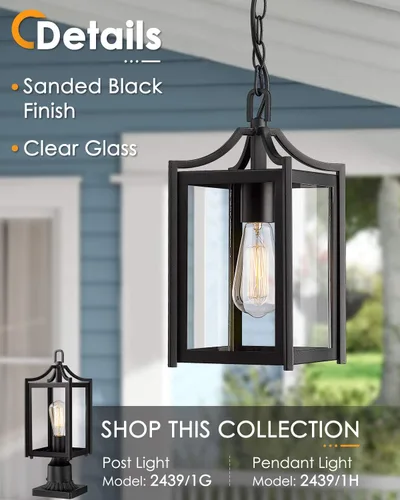 Miniatura 2 de Lámpara Colgante para Exteriores, 14" Luz Colgante Moderna Grande para Porche con Cadena Ajustable, Linterna Colgante Exterior Negra con Vidrio