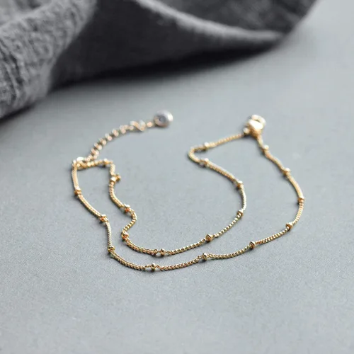 Miniatura 6 de Fettero Pulsera de oro con cadena en capas para mujer ajustable circonita cúbica minimalista simple delicada cuentas estatélite círculo ventilador
