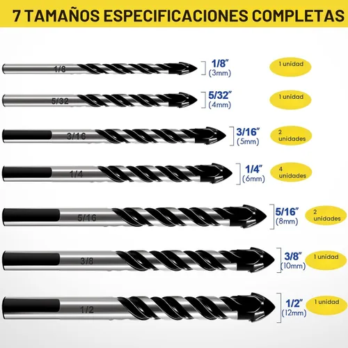 Miniatura 4 de Juego de 12 brocas de mampostería y juego de brocas para hormigón, brocas de carburo profesional de 1/8 a 1/2 pulgada para vidrio, azulejos