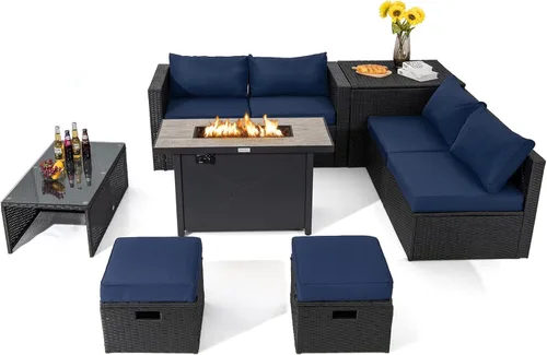 Miniatura 10 de Tangkula Sofá modular de mimbre para exteriores de 9 piezas con mesa de fogata de gas de 42 pulgadas y 60,000 BTU, juego de conversación de patio