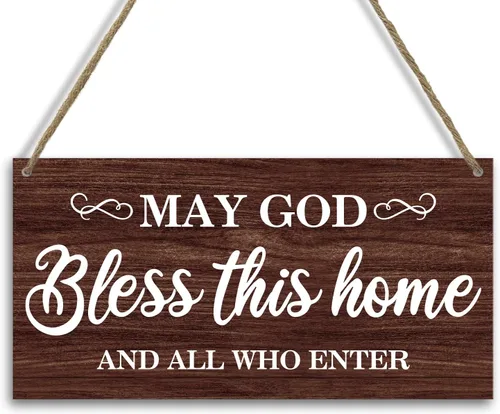 Placa de madera cristiana para colgar en la pared, decoración cristiana del hogar, regalo de inauguración de la casa, Dios bendiga esta religión del