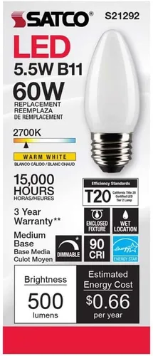Miniatura 4 de Satco S21292 5.5B11/LED/927/FR/120V/E26-paquete de 6