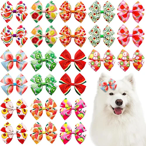 24 piezas/12 pares 10 cm Lazos para el pelo de perro grande con fruta de verano para perros de raza grande Bandas elásticas Lazo de pelo de perra