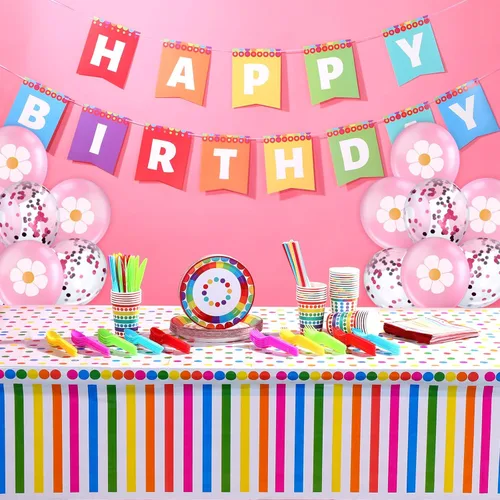 Miniatura 5 de Sepamoon 258 piezas de suministros para fiesta de cumpleaños estilo arco iris, decoraciones de cumpleaños, juego de vajilla incluye platos de fiesta