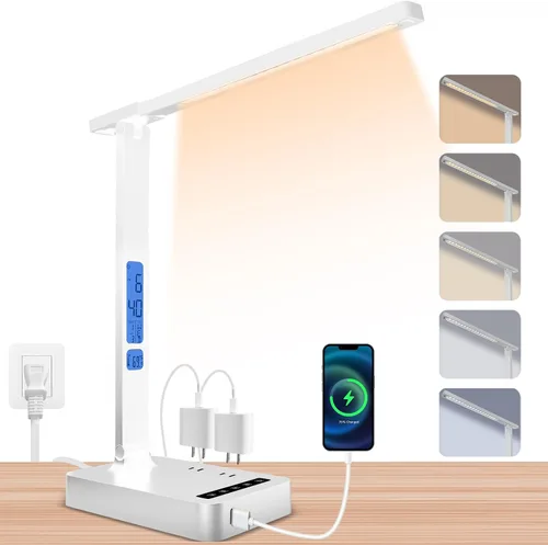Miniatura 11 de snsok Lámpara de escritorio con cargador inalámbrico, puerto de carga USB, luz de escritorio de oficina regulable con reloj, alarma, fecha, Blanco