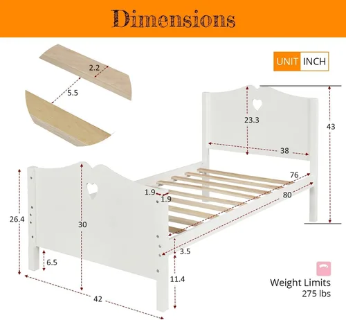 Miniatura 2 de Cama individual de madera para niñas, con marco, cabecera y piecera para niñas y niños pequeños