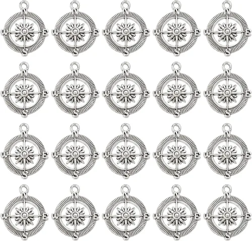 AUEAR, Colgantes de brújula, cuentas espaciadoras de aleación para pulseras, collares, joyería, manualidades, bricolaje plateado