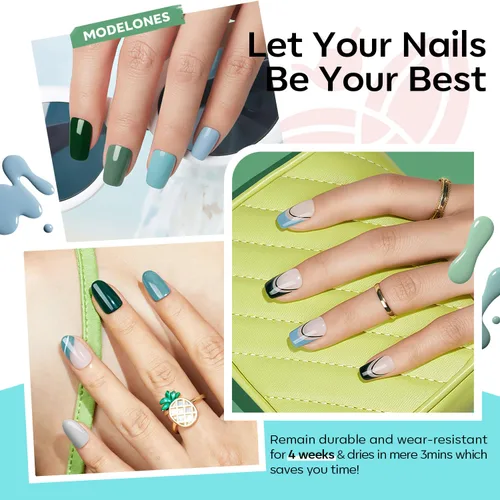 Miniatura 4 de modelones - Juego de 6 esmaltes en gel, tonos primavera, verano, gris brumoso, verde oscuro, brillantina, verde salvia, azul celeste, manicura A A6