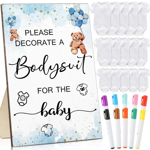 Miniatura 9 de Handepo Juego de 26 piezas para baby shower, 1 cartel de madera, 15 mamelucos blancos, 10 marcadores de tela para kit de decoración de nacimiento