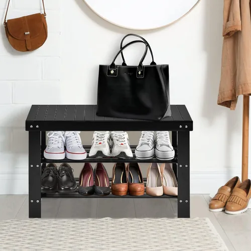 Miniatura 2 de Giantex Banco de zapatos de entrada, organizador de zapatos de bambú con capacidad para hasta 6 pares, 3 niveles de almacenamiento de zapatos Negro