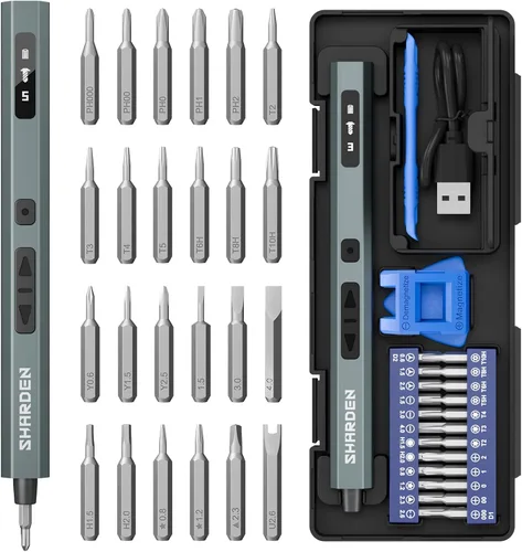 Miniatura 13 de SHARDEN Mini destornillador eléctrico, kit de destornillador eléctrico pequeño 29 en 1 con 24 puntas magnéticas, herramienta de reparación