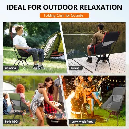 Miniatura 7 de Silla de camping de respaldo alto, silla plegable giratoria con soporte para la cabeza, bolsillo lateral para tazas, rotación flexible de 360°