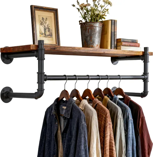 Miniatura 10 de WEBI Perchero de pared con estante, perchero industrial de 24 pulgadas con estantes, barra de ropa de hierro resistente, barra de ropa de exhibición