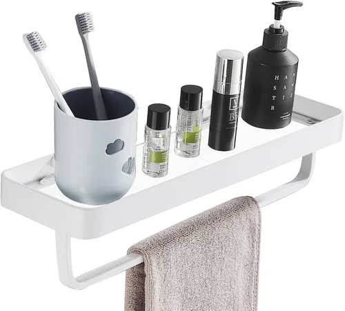 Miniatura 10 de Estante de vidrio templado para baño de 15.7 pulgadas con toallero, organizador de ducha de aluminio montado en la pared, gabinete de almacenamiento