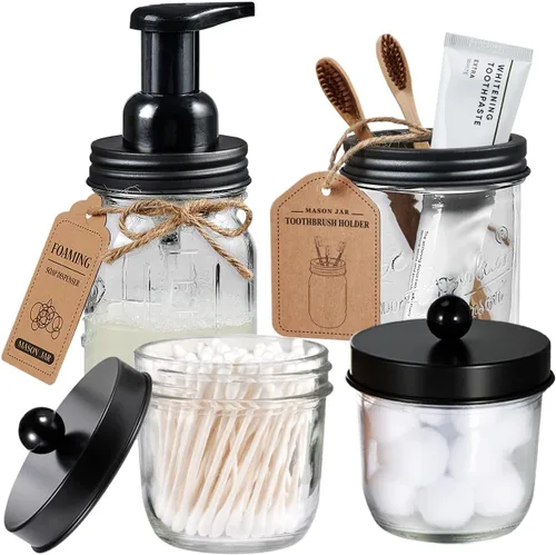 Amolliar Mason Jar - Juego de accesorios de baño (4 unidades) - Dispensador de jabón espumoso y soporte para cepillo de dientes, decoración rústica