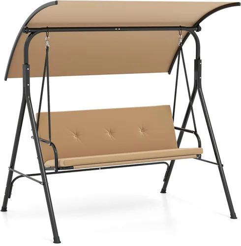 Tangkula Columpio de porche para 2 personas, columpio al aire libre con cojines extraíbles, estructura de metal sólido, columpio de patio con toldo