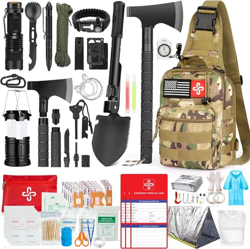 Kit de supervivencia, 262 piezas de equipo y suministros de supervivencia con bolsa de kit de primeros auxilios y bolsa bandolera, kit de emergencia