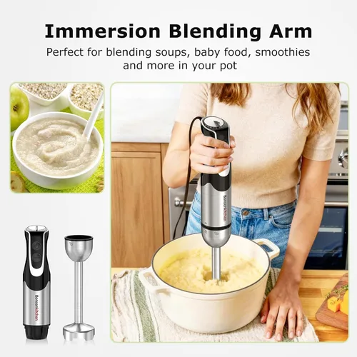 Miniatura 5 de Bonsenkitchen Batidora de inmersión 4 en 1 de mano con procesador de alimentos, batidora de mano de 12 velocidades con modo turbo, hoja de acero