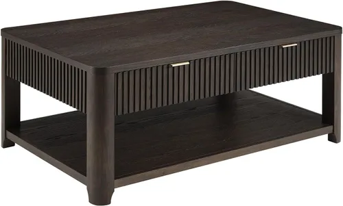 Miniatura 9 de HULALA HOME Mesa de centro moderna acanalada con almacenamiento, mesa de centro de chapa de roble de madera con mesa ancha, 2 cajones y estante Nogal