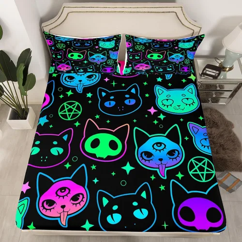 Miniatura 24 de Erosebridal Sábanas de calavera de azúcar, sábana bajera ajustable de Halloween, tamaño individual, ropa de cama de galaxia trippy morada, funda