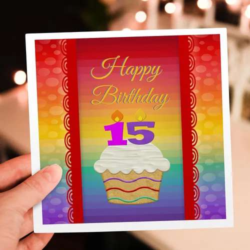 Miniatura 6 de Tarjeta de felicitación - Cupcake con velas de número, cumpleaños de 15 años, diseño de cumpleaños