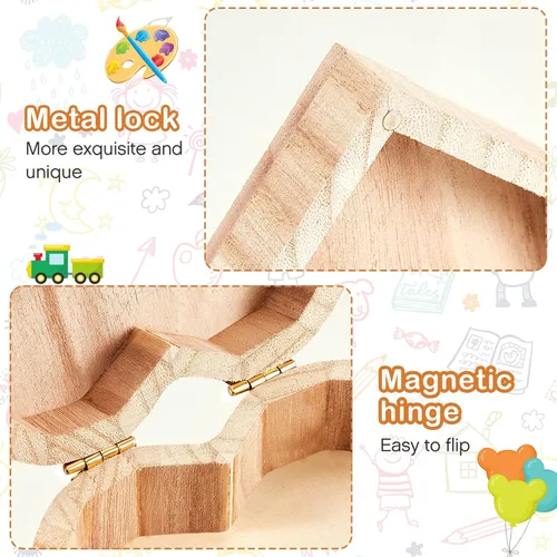 Miniatura 4 de Taiyin Caja de madera de corazón sin terminar de 12 piezas con 10 pinceles de arte, cofre del tesoro de madera sin pintar, caja de pino natural