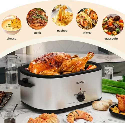 Miniatura 4 de Horno rostizador eléctrico, con tapa visible y autohumectante, grande, con descongelado y mantenimiento de calor, temperatura ajustable, bandeja
