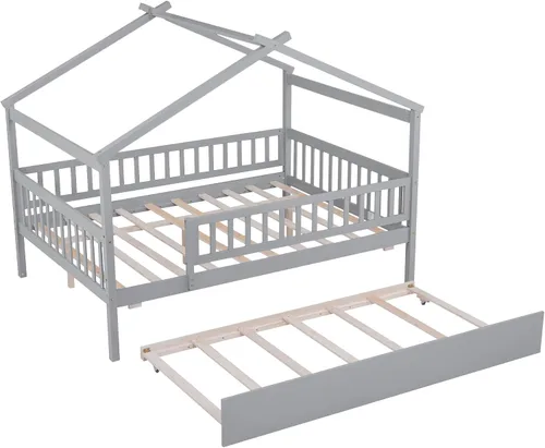 Miniatura 4 de Cama de casa con nido y valla, camas de tamaño matrimonial estilo Montessori con barandillas, marco de cama de madera para niños, cama de plataforma