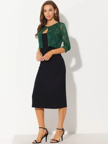 Miniatura 3 de Allegra K Cárdigan de encaje para mujer, frente abierto, con encaje, elegante, transparente, floral, recortado, bolero, tops de encaje
