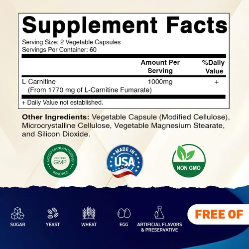 Miniatura 2 de Vitamatic L-Carnitina Fumarato 1000 mg - 120 Cápsulas Vegetales (1 Botella)