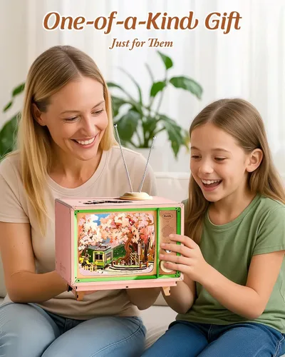 Miniatura 8 de Rolife Rompecabezas de madera 3D para adultos Kit DIY de rincón de libro de 16" Caja de música de flor de cerezo japonés Juguete conjunto