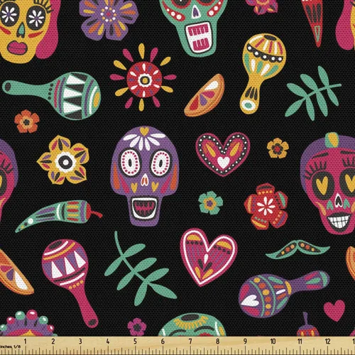 Miniatura 36 de Ambesonne The Yard, tela de calavera colorida con temática de Halloween, diseño de calavera y huesos cruzados, divertido estampado de dibujos