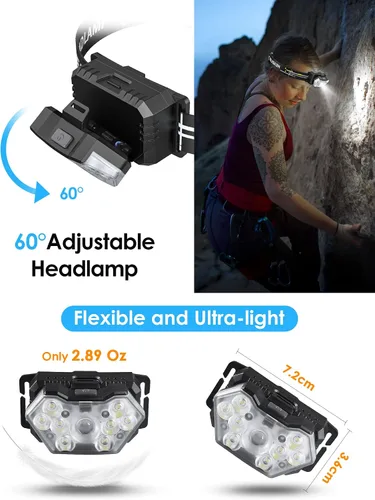 Miniatura 4 de Linterna frontal de 9 LED, 2000 lúmenes, lámpara de cabeza súper brillante con 6 modos, luz de cabeza impermeable IPX5, linterna de cabeza ligera