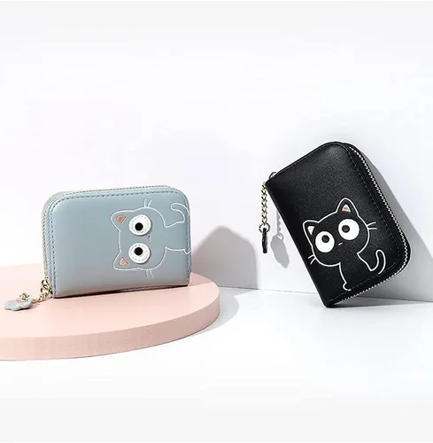 Miniatura 6 de Sunwel Fashion Lindo portatarjetas con diseño de gato pequeño - Estuche para tarjetas con cremallera de acordeón, bolsillos para efectivo, monedero