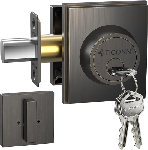 Miniatura 10 de TICONN Juego de manijas para puerta doble delantera, palanca de puerta cuadrada resistente y cerrojo de cilindro único combinado para puertas Bronce