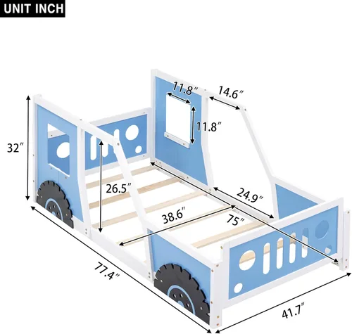 Miniatura 2 de SOFTSEA Cama de suelo tamaño individual con forma de automóvil con ruedas, marco de cama Montessori con valla y puerta para niños y niñas, soporte