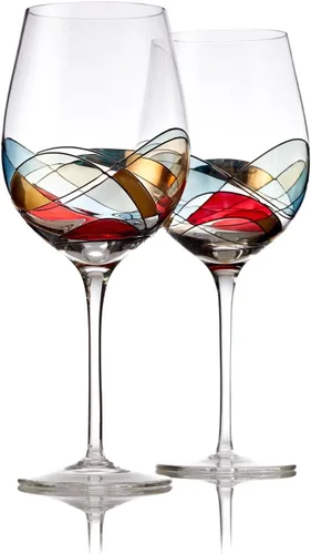 Bezrat Juego de 2 copas de vino tinto, copa de vino pintada a mano, artículos esenciales para bebidas, 11 pulgadas de alto, vaso grande para amantes