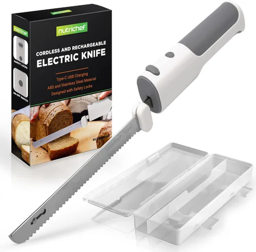 NutriChef Cuchillo eléctrico inalámbrico | Botón de seguridad fácil de usar con función constante de ENCENDIDO/APAGADO | Para cortar pavo, carnes,