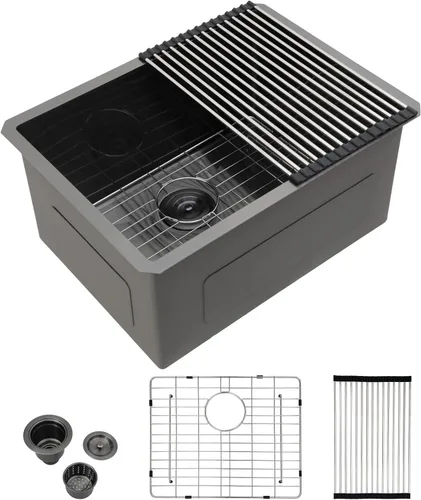 Miniatura 25 de Kichae fregadero de cocina bajo encimera de 32 pulgadas, de un solo tazón, de acero inoxidable, calibre 16, de esquina redonda, hecho a mano