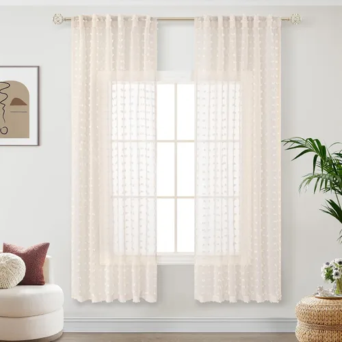 Miniatura 2 de Cortinas Beige Semitransparentes de 63 Pulgadas de Largo para Dormitorio, Sala de Estar, Guardería Infantil, Ventana con Diseño de Pompón