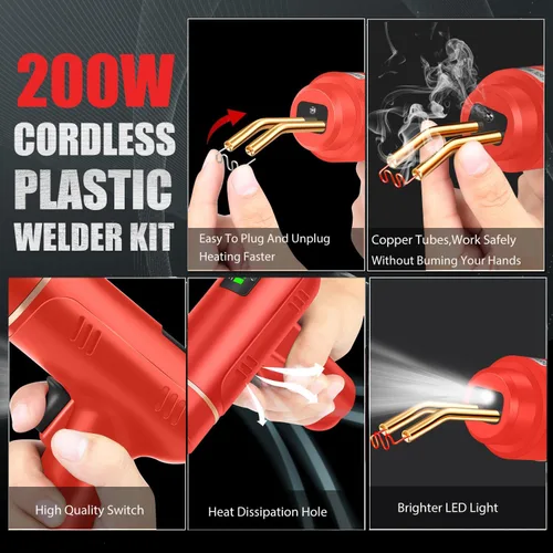 Miniatura 4 de Soldador de plástico inalámbrico de 200 W, kit de soldadura de plástico con 1200 grapadoras en caliente, pistola soldadora de plástico recargable
