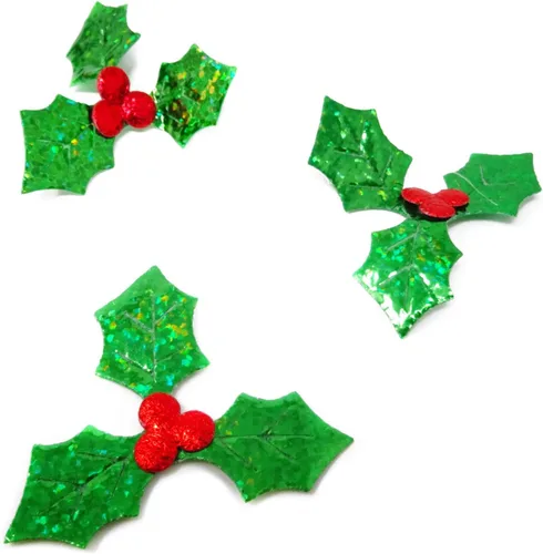Miniatura 3 de Honbay 100 piezas de hojas de acebo brillantes de Navidad, pequeñas hojas verdes de acebo y bayas rojas, apliques de confeti, adornos de tela láser