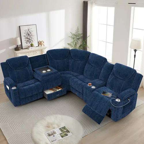 Miniatura 21 de Dresegmt Sofá reclinable, 2 vías multifunción manual de 3 plazas con portavasos, almacenamiento y puertos USB, moderno sofá multifuncional, sofá