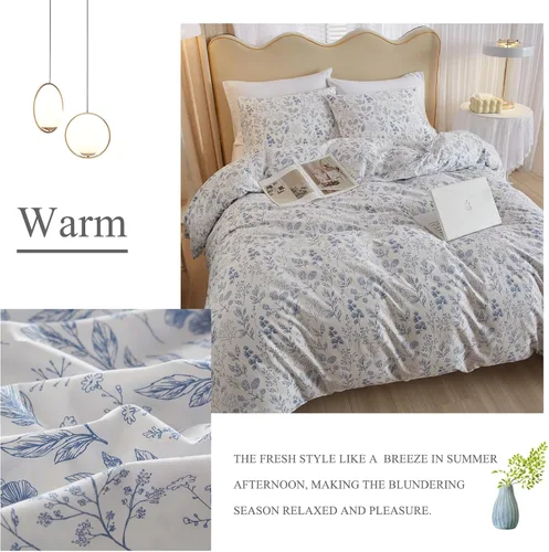 Miniatura 3 de Juego de funda de edredón blanca con estampado floral azul, juego de ropa de cama de algodón suave estilo bohemio, juego de ropa de cama estética